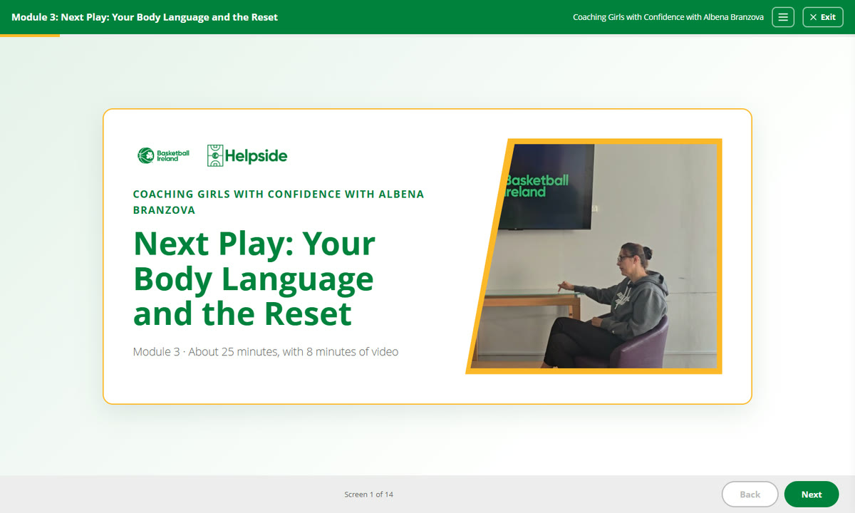 Module 3 opening screen: Next Play, your body language and the reset
